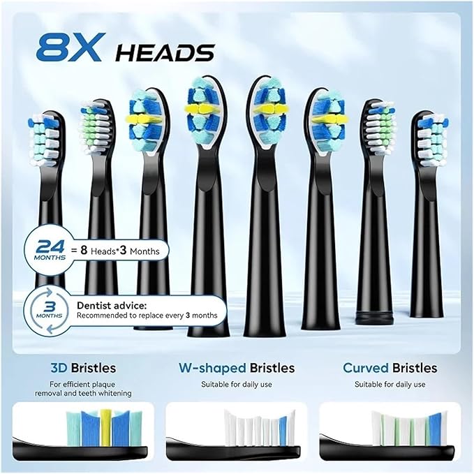Compatible for Electric Toothbrush Y5 Waterproof Rechargeable Tooth Brush with Replaceable 8pcs Heads(White)
