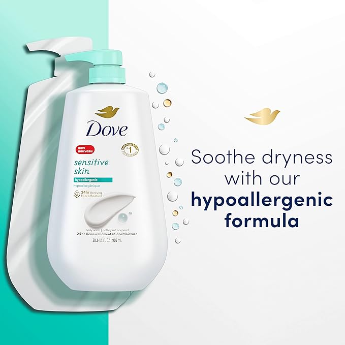Dove Sensitive Skin Body Wash Hypoallergenic and Paraben-Free 30.6 fl oz (Pack of 3) &amp Body Wash with Pump Deep Moisture For Dry Skin Moisturizing Skin Cleanser