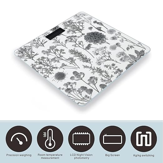 Flowering Herbs and Herbaceous Plants Scale for Body Weight Anti-Slip Tempered Glass Digital Bathroom Scales Clear LCD Display Weighing Scale Safe Rounded Corners Smart Scales