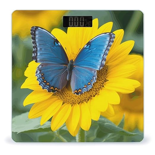 Sunflower Blue Butterfly Scale for Body Weight Sturdy Tempered Glass Weighing Scales with LCD Display Accurate Digital Bathroom Scale Convenient Body Fat Smart Scales 400lb