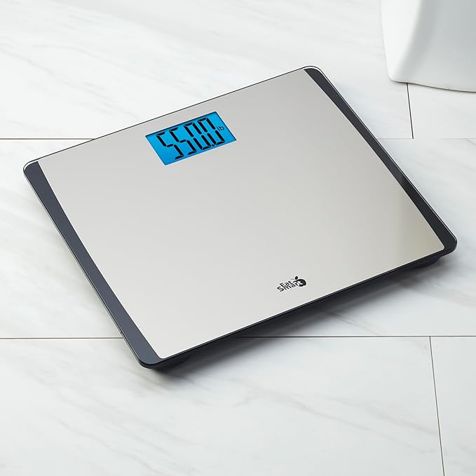 Eat Smart Precision 550 Pound Extra-High Capacity Digital Bathroom Scale Extra-Wide Platform Stainless Steel Body Weight Scale with Step-On Tech Silver