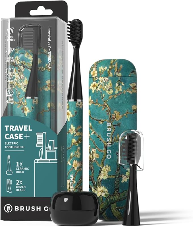 MIPOW Brush GO SlimPro i4 Electric Toothbrush Rechargeable Smart Ultra Sonic 3 Modes Travel Case &amp Ceramic Dock 60Day Battery Soft Bristles 2 Heads IPX7 Waterproof Color-Almonde Edition