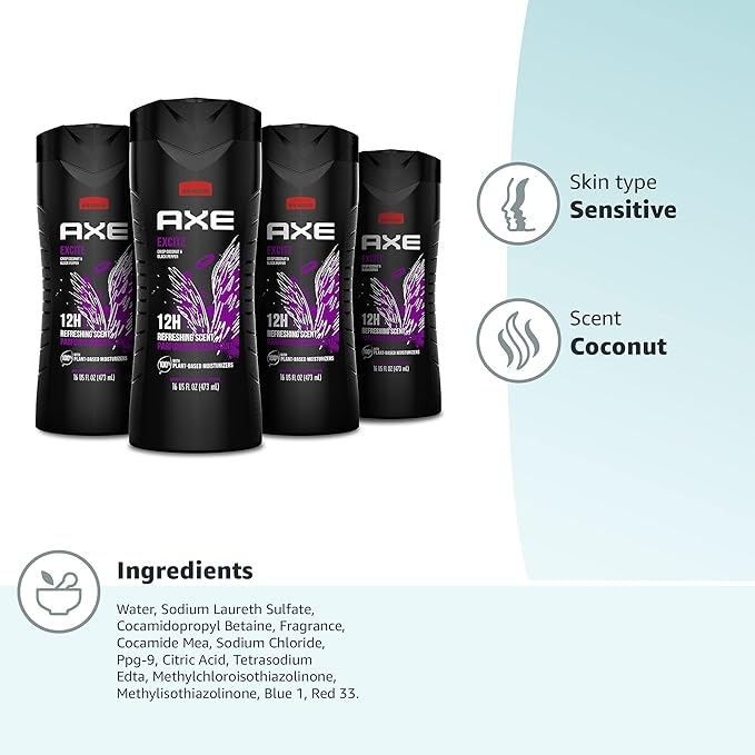 AXE Body Wash 4 Count 12h Refreshing Scent Excite Crisp Coconut &amp Black Pepper Men's Body Wash with 100% Plant-Based Moisturizers 16 oz