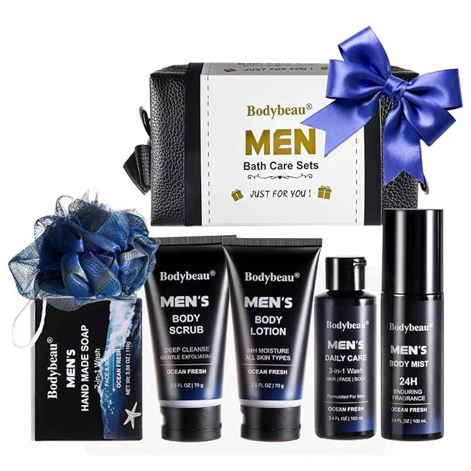 Men's Bath and Body Spa Gift Set - 7-Piece Kit with 3-in-1 Shower Gel 2-in-1 Handmade Soap and Travel Bag - Father's Day/Birthday Christmas Gifts for Dad Husband Boyfriend and Friends