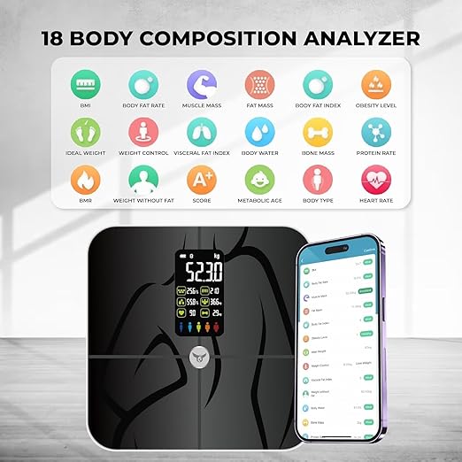 Osprey Smart Scale for Body Weight and Fat Bathroom Scales 18 Body Composition Analyzer Sync to APP 4'7 Digital DisplayHigh Accurate Body Scale for BMIHeart RateMuscle Rate400lbs (Black)