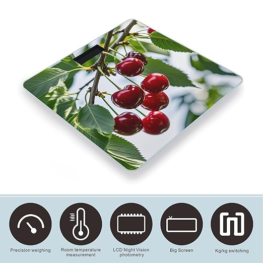 Red Cherry Pattern Bathroom Scale for Body Weight with High Precision Large LCD Backlight Display Digital Weighing Scale with BMI Capacity Up to 180kg