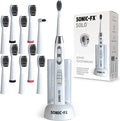 Sonic-FX Solo Electric Toothbrush w/ 10 Brush Heads + 1 Interdental Charcoal Bristles Rechargeable Charging/Storage Base 3 Brush Modes Smart Timer 2 Months Use on Full Charge White Color
