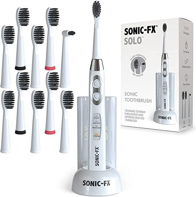 Sonic-FX Solo Electric Toothbrush w/ 10 Brush Heads + 1 Interdental Charcoal Bristles Rechargeable Charging/Storage Base 3 Brush Modes Smart Timer 2 Months Use on Full Charge White Color