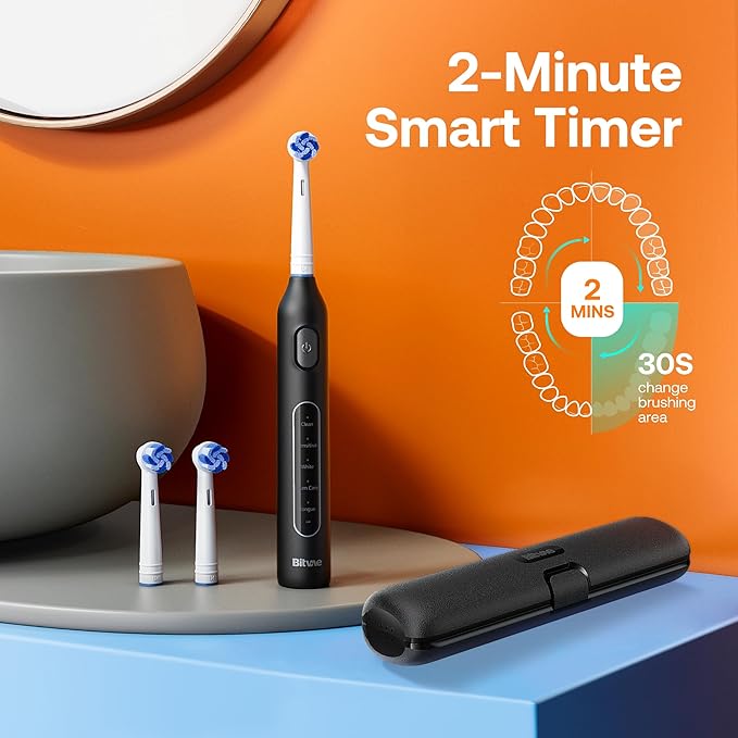 Bitvae R1 Rotating Electric Toothbrush with 8 Brush Heads for Adults and Kids 60-Day Battery Life 5 Modes Rechargeable Power Toothbrush with 2-Minute Smart Timer Black