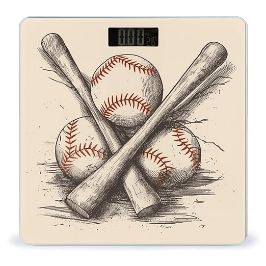 Hand Drawn Baseball Bats and Ball Weight ScaleClear LED Display Bathroom Digital Weighing ScaleTempered Glass Digital Bathroom Scale for Body Weight Capacity Up to 400 Lbs