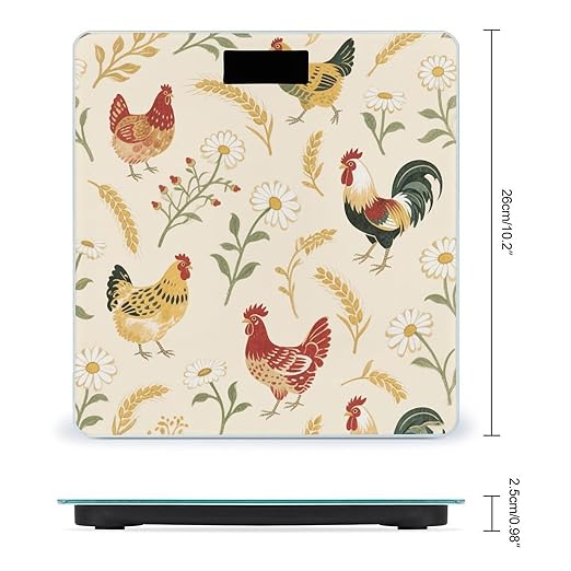 Chicken and Rooster Print Scale for Body Weight Sturdy Tempered Glass Weighing Scales with LCD Display Accurate Digital Bathroom Scale Convenient Body Fat Smart Scales Easy Read