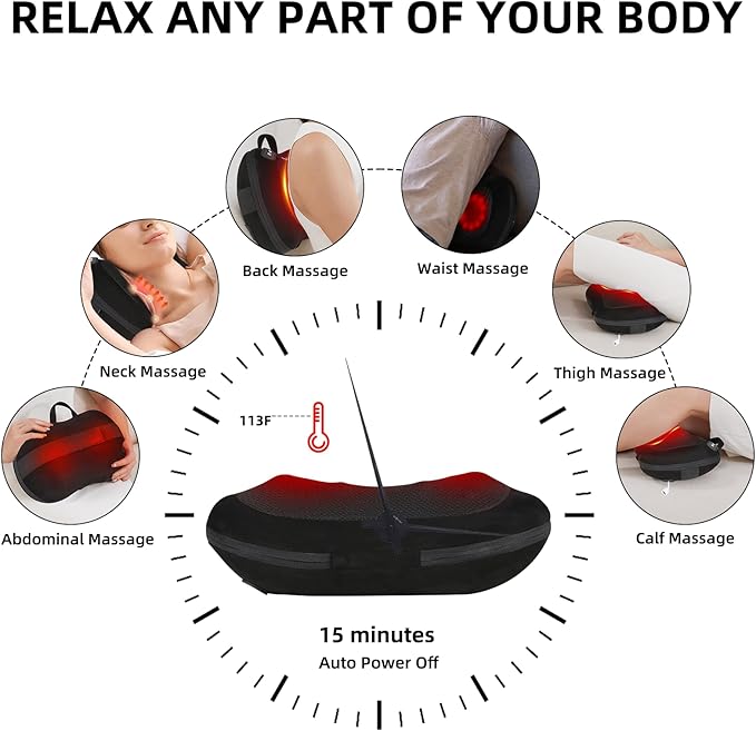 Shiatsu Back Massager for Pain Relief Deep Tissue with Heat Cordless Portable Back and Neck Massager 3D Kneading Lower Back Electric Massage Pillow for Holiday Gifts for Men Women
