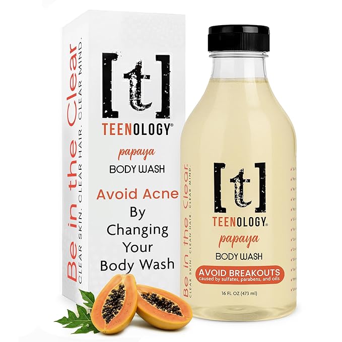 Teenology Body Wash for Teens Avoid Acne Breakouts Sulfate &amp Paraben Free with Natural Botanical Extracts for Clear &amp Healthy Skin 16 oz - (Fresh Papaya)