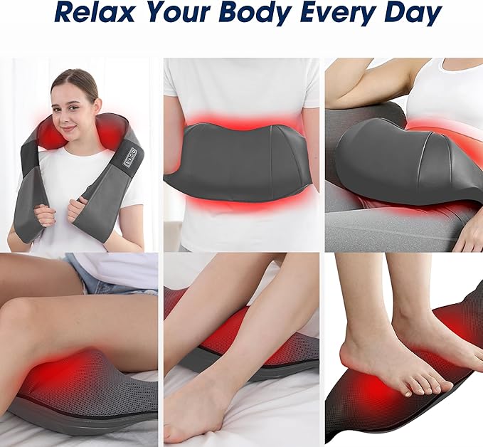 Grey Shiatsu Neck and Back Massager with Heat Electric Deep Tissue Kneading Neck and Shoulder Massage Best Gifts for Women Men Mom Dad Mothers Fathers Day Birthday Gift (NOT Cordless)