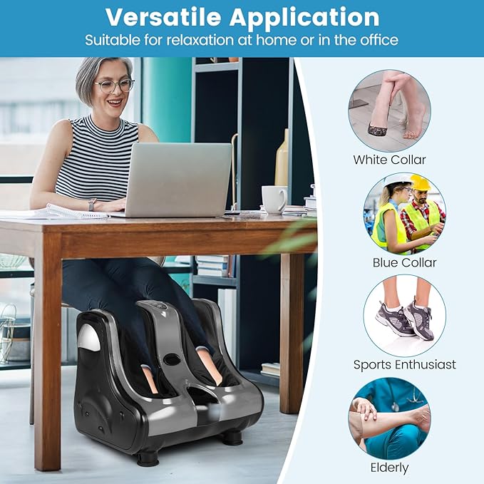RELAX4LIFE Foot and Calf Massager Shiatsu Foot Massager Machine w/Heating Kneading Vibration Rolling Adjustable Speed &amp Tilt Base Leg Massager for Pain Relief (Grey)