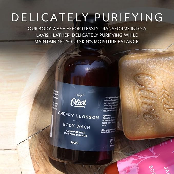 100% Pure Olive Oil Body Wash with Cherry Blossom Scent – Made with Natural Ingredients | Gentle Cleansing &amp Hydrating Shower Gel for Soft Smooth Healthy-Looking Skin | 300ml Bottle