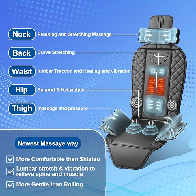 Back Massager with Heat &amp Traction &amp Vibration Seat Massager Pad for Pain Relief Deep Tissue Lumbar Traction PU Leather Foldable for 5’ to 6’1” Massage Chair Pad for Office Home