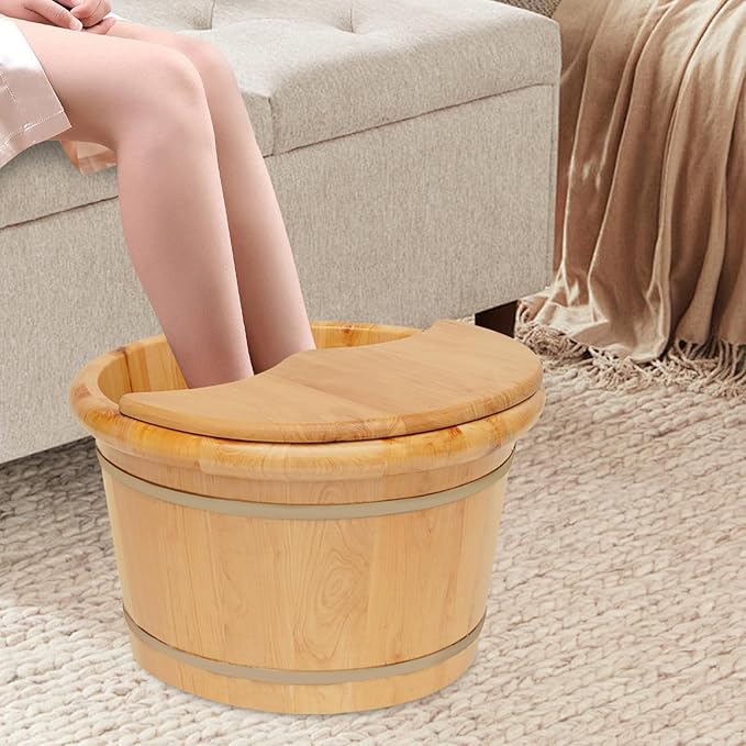 Wooden Bucket Foot Bath Massager Wood Foot Tub with Massager and Lid Wooden Soaking Bath Basin Feet Relaxing Soak Spa Bucket for Feet Baths Soak Massage SPA
