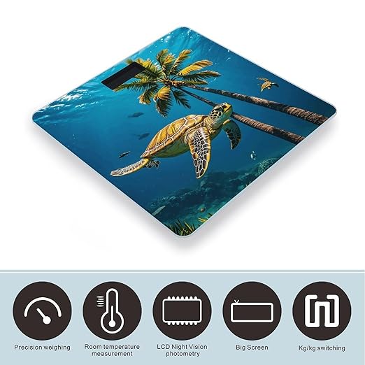 Palm Trees and Sea Turtles Diving Underwater Scale for Body Weight Highly Accurate Digital Bathroom Electronic Weighing Machine for People LCD Display Large Size Tempered Glass for Safe Home Use