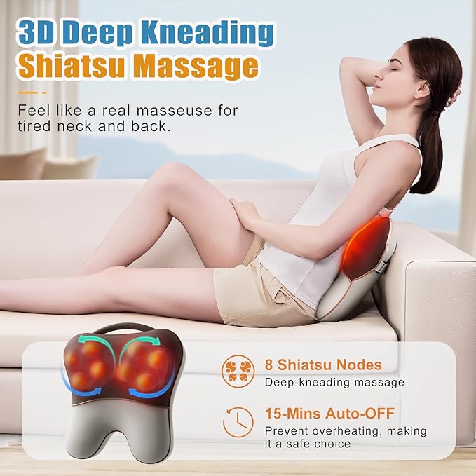 Shiatsu Neck and Back Massager with Heat Back Massager for Pain Relief Deep Tissue Massager for Neck and Shoulder Pain Massage Pillow with Cover Adjustable Straps &amp Portable Handle (No Battery