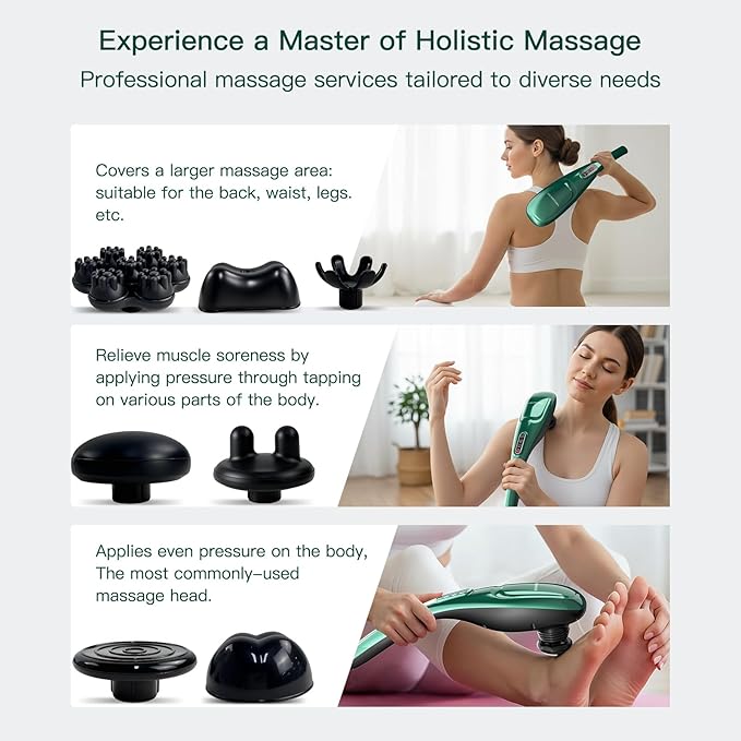 MEGAWISE Handheld Back Massager w/Rechargeable 3200mAh Battery 5 Speed and 5 +2 Massage Nodes with Hard (Dark Green)