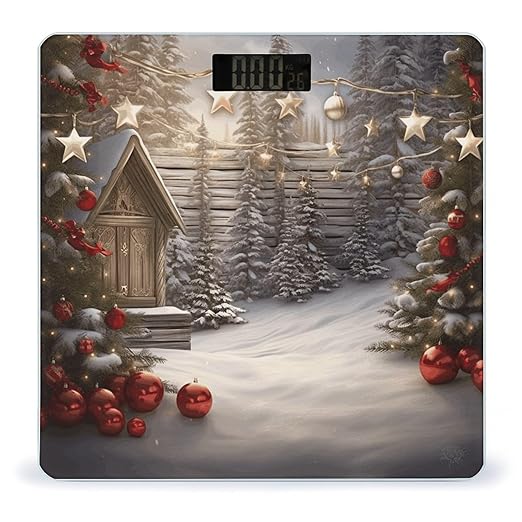 Christmas Wood Scale for Body Weight Safe Rounded Corners Tempered Glass Digital Bathroom Scale LED Display 400lb Capacity Weight Scales with High Precision Sensors