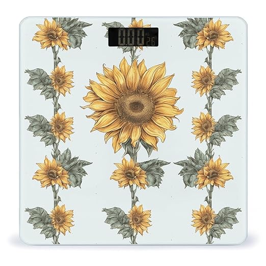 Sunflower Hand Painted Floral Scale for Body Weight Precision Bathroom Weighing Scales with Back Lit LCD Display Sturdy Tempered Glass Body Weight Scales Digital Bathroom Scale 400lb