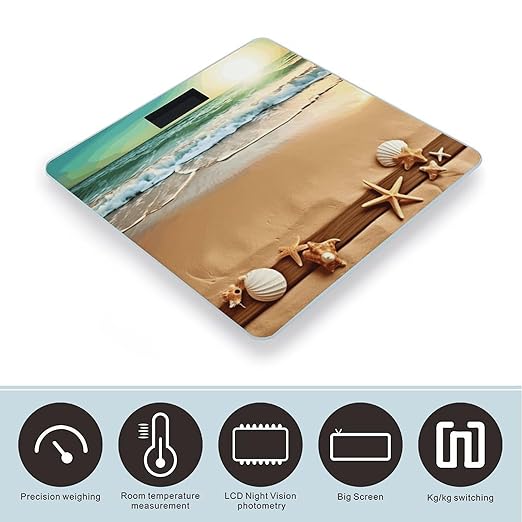 Ocean Beach ThemeScale for Body Weight with LCD High Precision Weighing Scales Fashion Sturdy Tempered Glass Weight Scales Easy-to-Read Digital Bathroom Scale for Daily 400lb