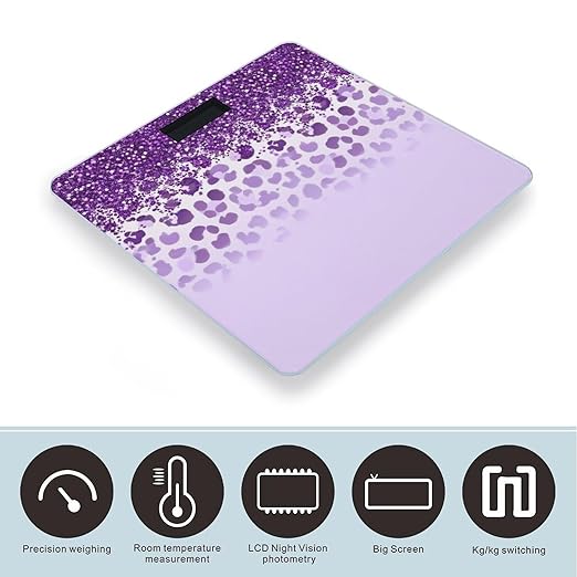 Women's Fashion Automatic Switch Digital Bathroom Weighing Scale Smart Scale Purple Glitter Pattern Cheetah Leopard Print