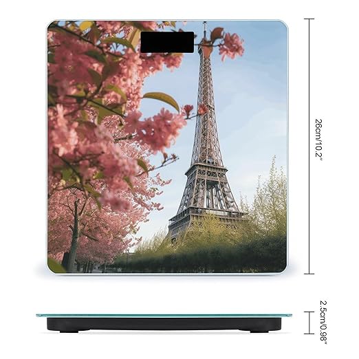 Paris Eiffel Tower Flower Bathroom Scale Automatic Power On/Off Body Scales LCD Backlight Display Square Digital Scale Rounded Corners Bathroom Scales for Home Bedrooms