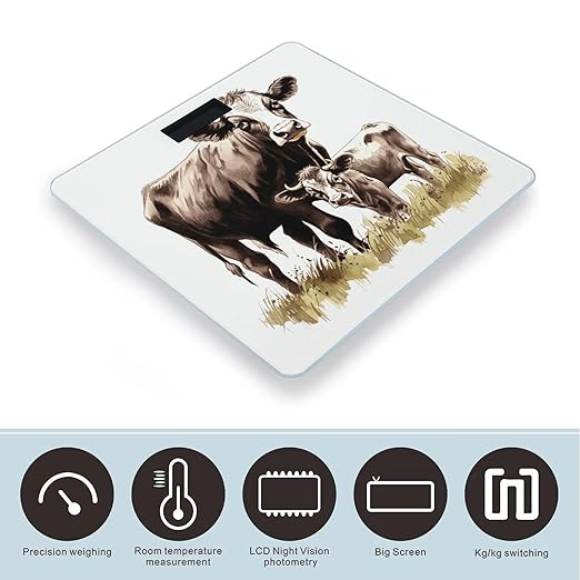 Cow Painting Digital Bathroom Scale for Body Weight Weighing Scale with Backlit LCD Display High Precision Measurements &amp Measures Weight Up to 180kg