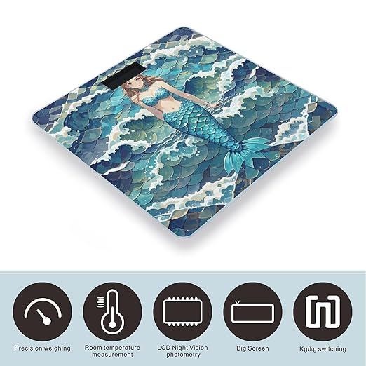 Blue Waves Squama Mermaid Scale Bathroom Scale for Body Weight with High Precision Large LCD Backlight Display Digital Weighing Scale with BMI Capacity Up to 180kg