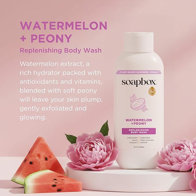 Soapbox Body Wash Watermelon + Peony Body Wash for Women Men Vegan &amp Antioxidant Rich Exfoliating Moisturizing Soap with Shea Butter Peptides &amp Keratin Promoting B3 3 Pack 20oz Each