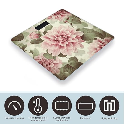 Beautiful Vintage Pink Flower Bathroom Scale Automatic Power On/Off Body Scales LCD Backlight Display Square Digital Scale Rounded Corners Bathroom Scales for Home Bedrooms