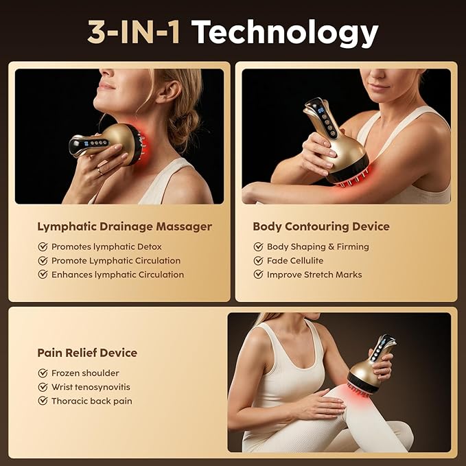 Lymphatic Drainage Massager &amp Anti-Cellulite Massage Tool Body Sculpting Device for Legs Arms &amp Stomach Supports Smoother Skin with Gentle Warming &amp Vibration - Gold