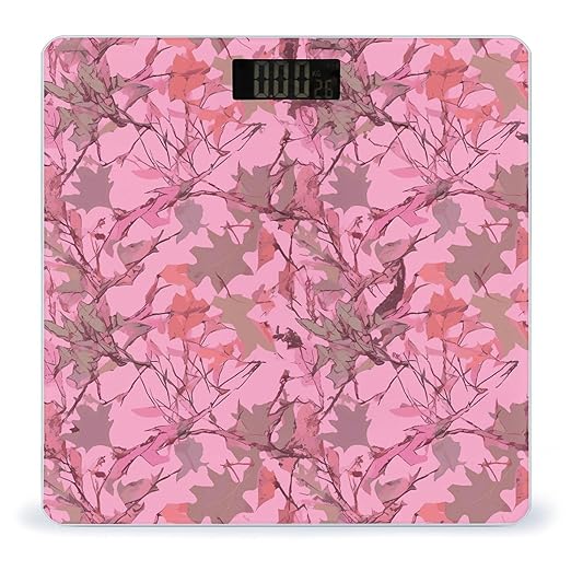 Pink Leaves Camo Bathroom Scale Automatic Power On/Off Body Scales LCD Backlight Display Square Digital Scale Rounded Corners Bathroom Scales for Home Bedrooms