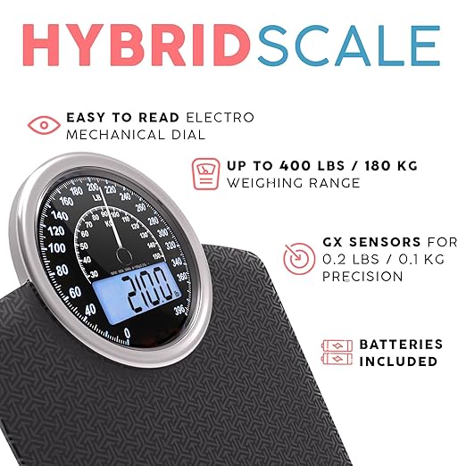 Adamson Hybrid 2-in-1 Analog &amp Digital Weighing Scale for Body Weight up to 400lbs - Thick Tempered Glass - Extra Large Display - Easy to Read Digital Bathroom Scale - New Version - Black Matrix