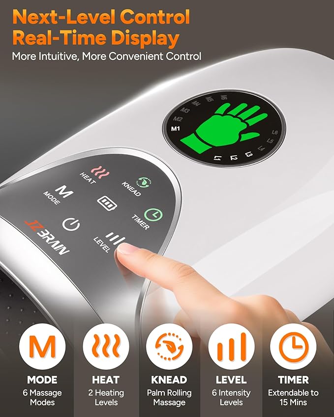 Hand Massager with Heat and Compression : Hand and Wrist Massager with Customizable Modes Finger Stretch Function Visual Display Palm Roller - Daily Comfort for Women Men Home Office UseWhite