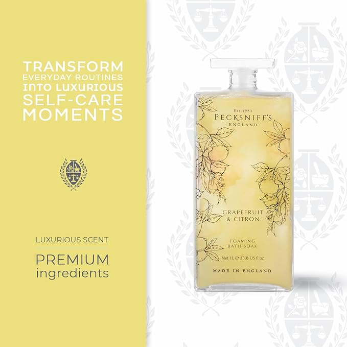 Pecksniff’s Grapefruit &amp Citron Foaming Bath Soak – Luxury Bubble Bath 1L / 33.8 fl oz Made in England