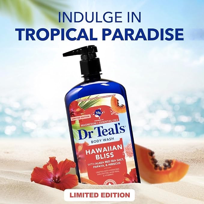 Dr Teal's Hawaiian Bliss Body Wash with Alaea Red Sea Salt Papaya and Hibiscus Magnesium and Essential Oils 24 Fl Oz 2 Pack