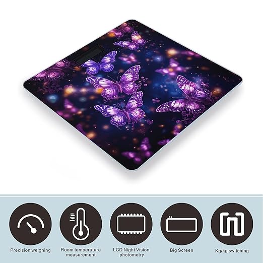 Purple Cute Butterfly PrintScale for Body Weight with LCD High Precision Weighing Scales Fashion Sturdy Tempered Glass Weight Scales Easy-to-Read Digital Bathroom Scale for Daily 400lb