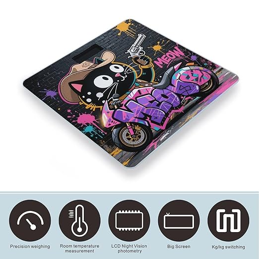 Cartoon Cat Riding Motorcycle Scale for Body Weight Sturdy Tempered Glass Weighing Scales with LCD Display Accurate Digital Bathroom Scale Convenient Body Fat Smart Scales Easy Read