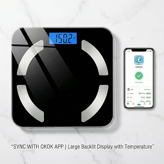 Smart Body Scale - Bluetooth Bathroom Scale with 18 Body Metrics &amp Trend Tracking Thickened I-Beam Design Large Tempered Glass 400 lbs Capacity (Black)