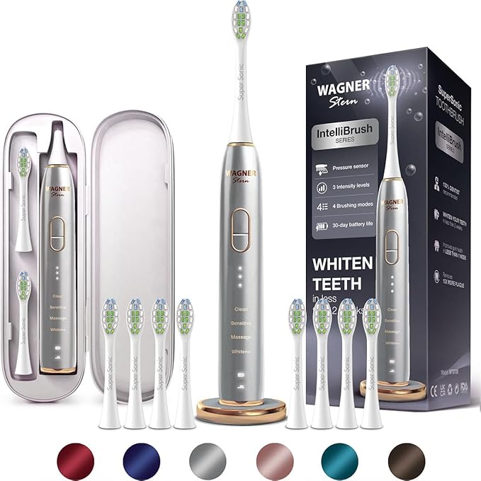 Wagner Stern IntelliBrush Series Whitening Electric Toothbrush with Pressure Sensor. Offers 4 Brushing Modes 3 intensities 8 Soft Brush Heads and a Luxury Travel case.