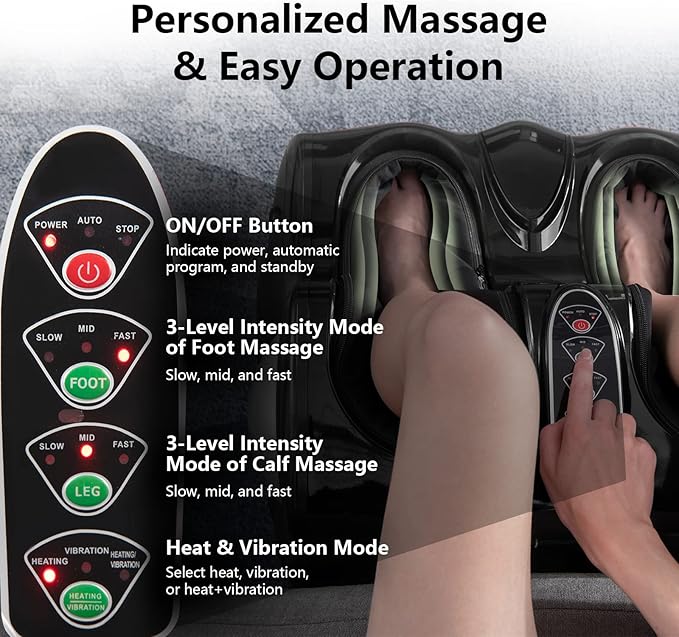 RELAX4LIFE Foot and Calf Massager Shiatsu Foot Massager Machine w/Heating Kneading Vibration Rolling Adjustable Speed &amp Tilt Base Leg Massager for Pain Relief (Black)