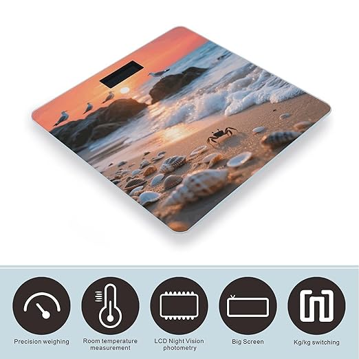 Sea Beach Sunset Scale for Body Weight Sturdy Tempered Glass Weighing Scales with LCD Display Accurate Digital Bathroom Scale Convenient Body Fat Smart Scales Easy Read