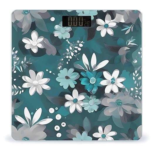 Teal Grey and White Floral Scale with LCD Precision Weighing Scales Sturdy Tempered Glass Weight Scales Easy-to-Read Anti-Slip Weight Digital Bathroom Scale for Daily