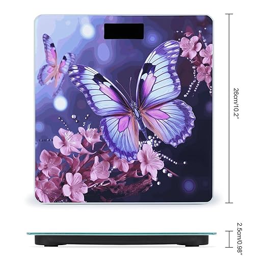 Digital Bathroom Scale for Body Weight Scale with Bright LCD Display High Accuracy Step-On Technology Auto On/Off Purple Butterfly Digital Scales 400 Lbs /180kg