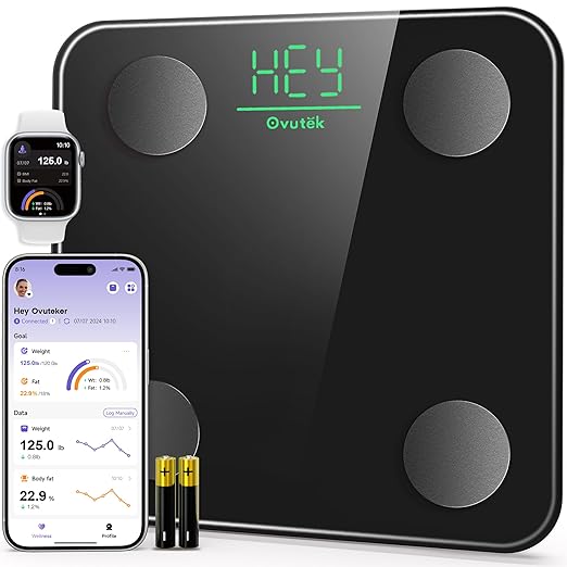 Ovutek Smart Scale for Body Weight Digital Bathroom Scale BMI Weighing Body Fat Scale Accurate Body Composition Scale Monitor for People's Health with Smartphone App Compact Size 400lb (Black)