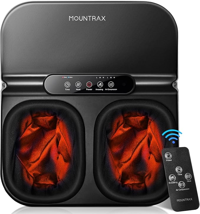 MOUNTRAX Foot Massager Machine with Heat Foot Massager for Plantar Fasciitis Neuropathy Pain Shiatsu Foot Massager with Remote Fits Feet Up to Men Size 12 (Black)